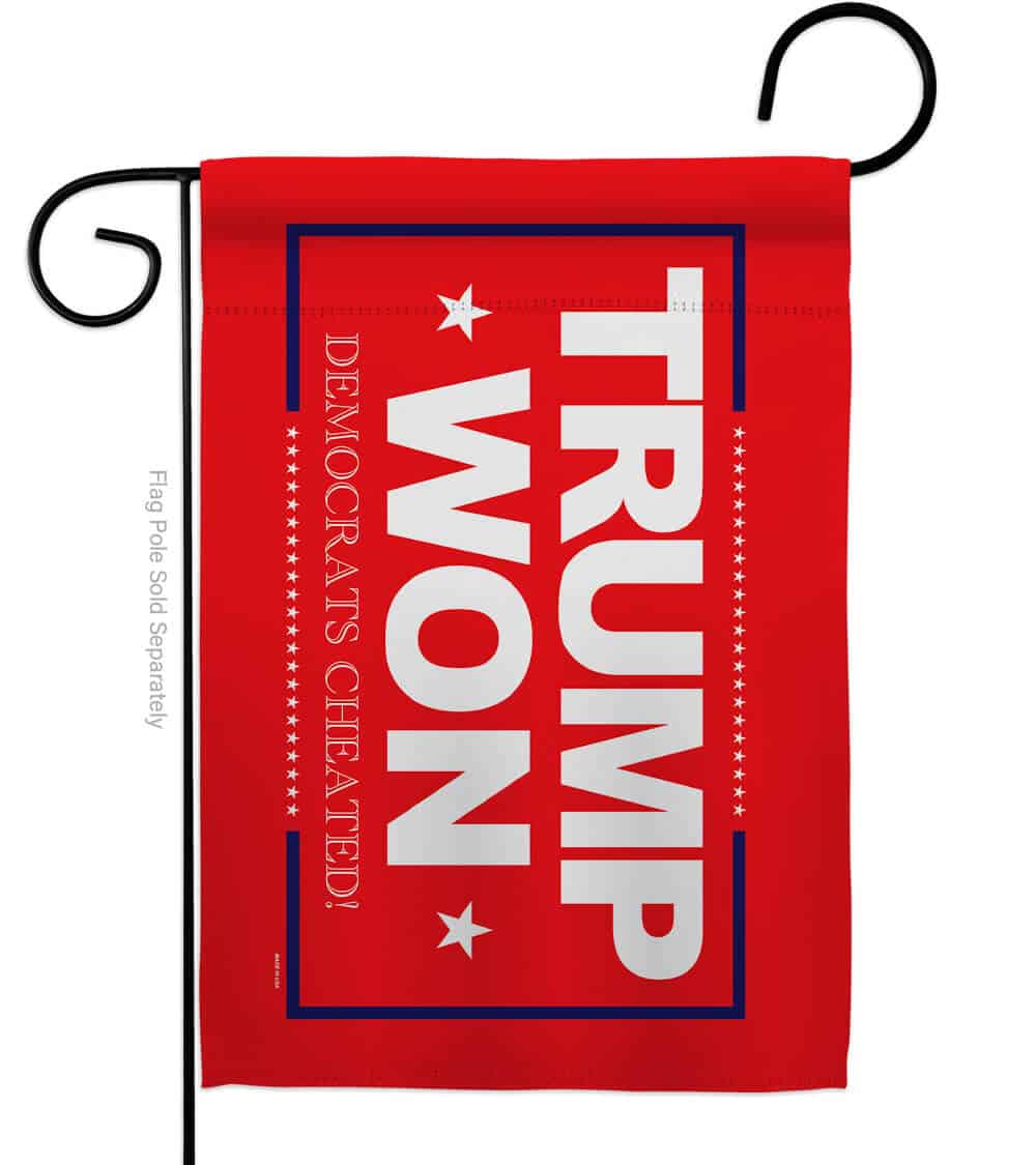 Trump Won Red Garden Flag displaying bold message in vibrant red color, designed for outdoor use and visible from both sides.