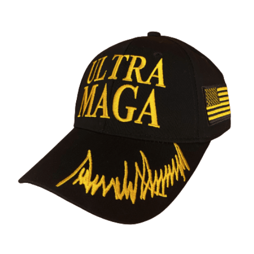 Ultra MAGA Black Hat featuring a gold Donald Trump signature, designed with a sleek black background and embroidered Presidential elements.