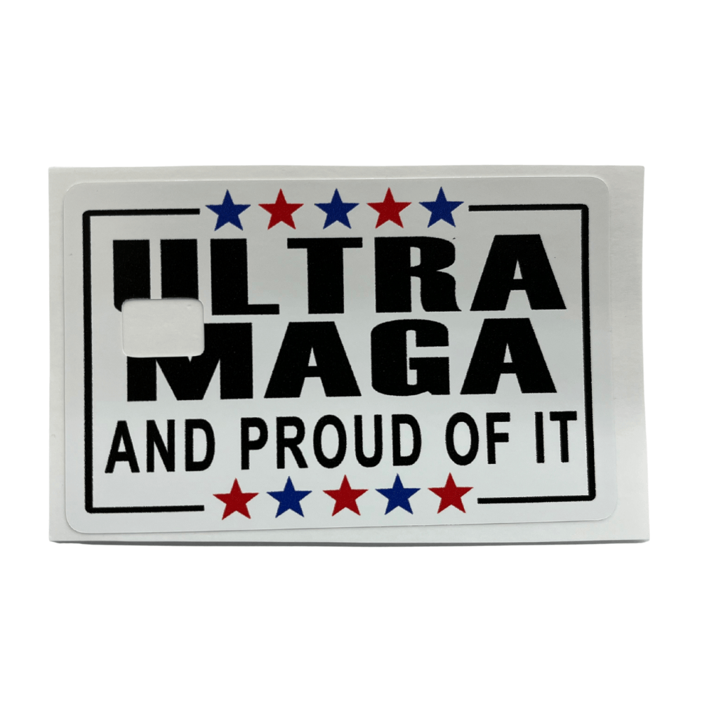 Ultra MAGA Credit Card Cover featuring bold black lettering on a white background with red and blue star accents, designed to fit standard credit cards.