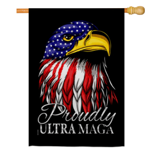 Ultra MAGA House Banner Flag displaying bold graphics in an outdoor setting, showcasing American pride and support for the MAGA movement.