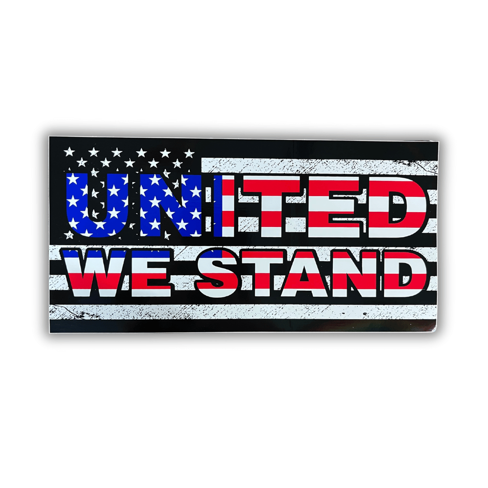 United We Stand bumper sticker, 7.5 x 4 inches, displayed on a car bumper showcasing a vibrant patriotic design that lasts outdoors.