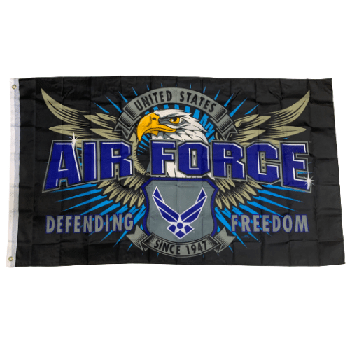 U.S. Air Force Defending Freedom Since 1947 flag displayed outdoors, showcasing vibrant colors and brass grommets on a flagpole.