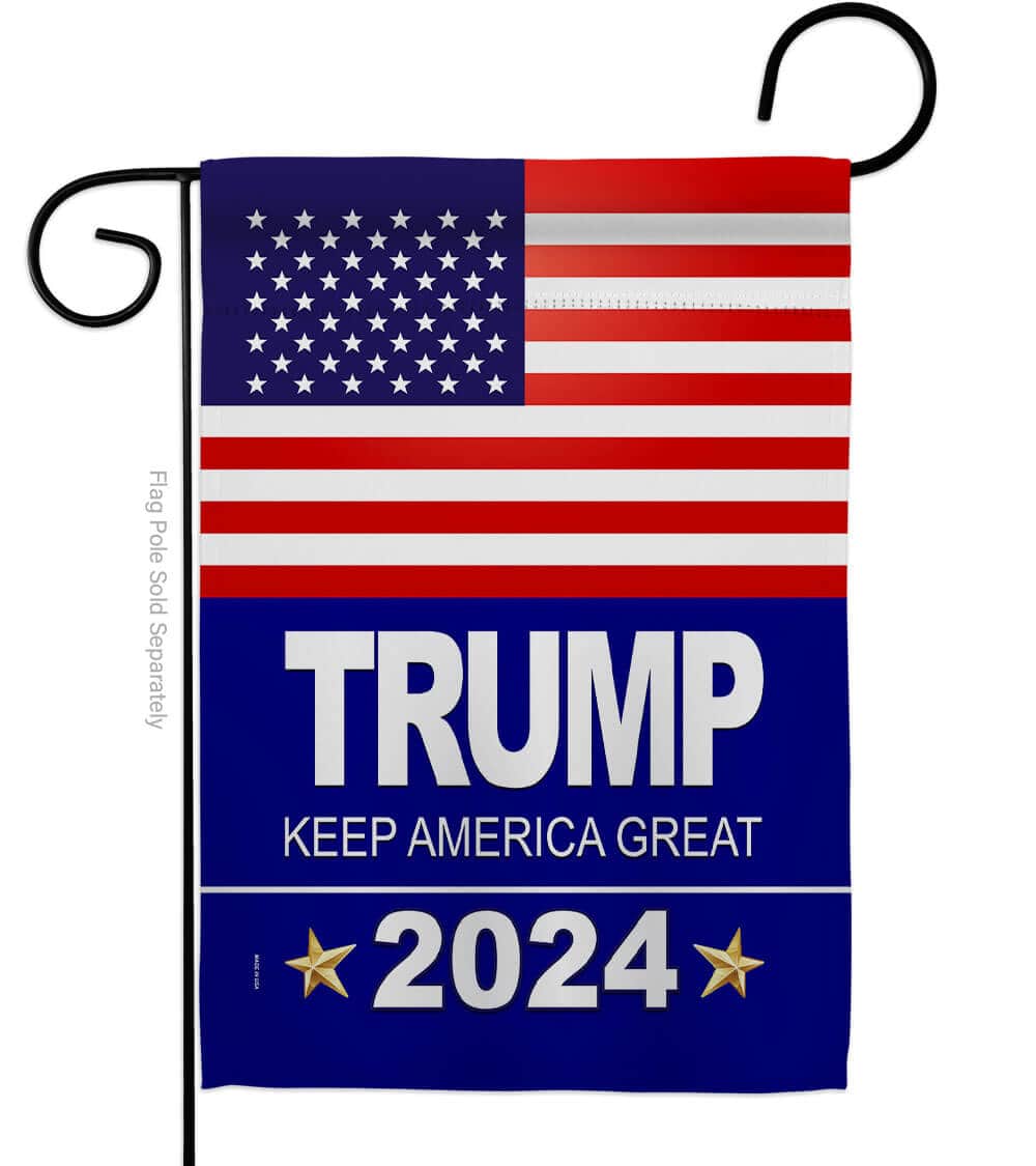 USA Flag Trump 2024 Keep America Great garden flag displayed outdoors, featuring vibrant colors and bold designs on both sides.