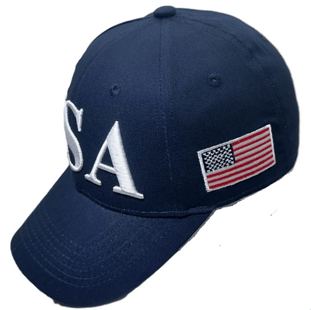 USA Flag Trump 45/47 Embroidered Hat in navy blue with bold slogans displayed prominently, designed for rallies and casual wear.