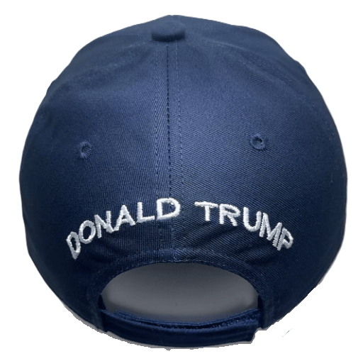 USA Flag Trump 45/47 Embroidered Hat in navy blue with bold slogans displayed prominently, designed for rallies and casual wear.