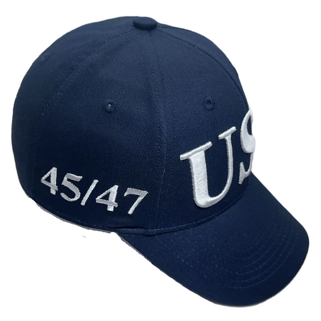 USA Flag Trump 45/47 Embroidered Hat in navy blue with bold slogans displayed prominently, designed for rallies and casual wear.