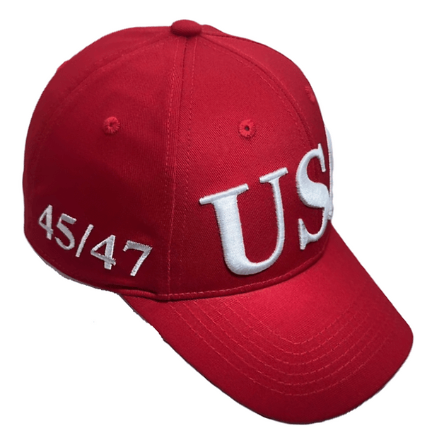 USA Flag Trump 45/47 Embroidered Hat in vibrant red featuring bold slogans, ideal for outdoor activities and political rallies.