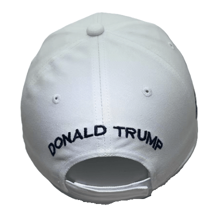 USA Flag Trump 45/47 embroidered hat displayed on a mannequin, showcasing its structured design and bold lettering in white.