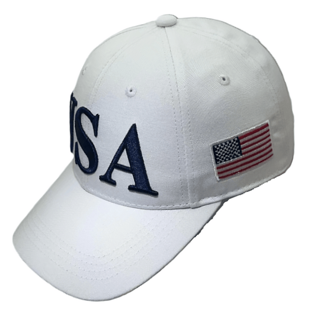 USA Flag Trump 45/47 embroidered hat displayed on a mannequin, showcasing its structured design and bold lettering in white.