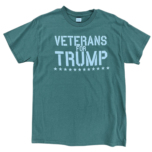 Veterans For Trump T-Shirt featuring bold white lettering on a deep green background with stars, showcasing patriotic pride for veterans and supporters.