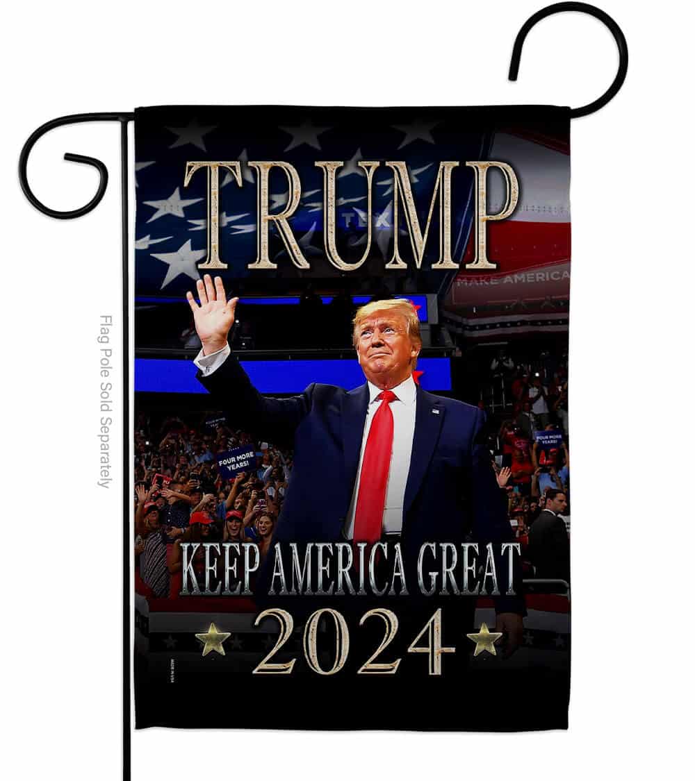 Waving Trump Keep America Great garden flag with vibrant double-sided design displayed outdoors, showcasing support for the Trump 2024 campaign.