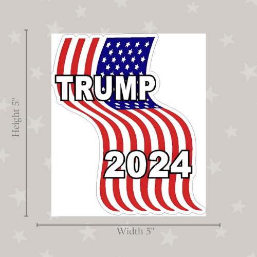 Wavy USA Flag Trump 2024 medium sticker displaying vibrant colors, perfect for laptops, water bottles, and car bumpers.