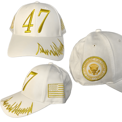 White & Gold Presidential Seal Trump 47 Embroidered Hat featuring intricate gold embroidery and adjustable strap, perfect for Trump supporters.