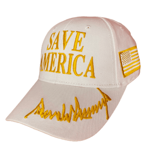 White Save America With Gold Donald Trump Signature Hat featuring bold 'Save America' embroidery and Trump's signature.