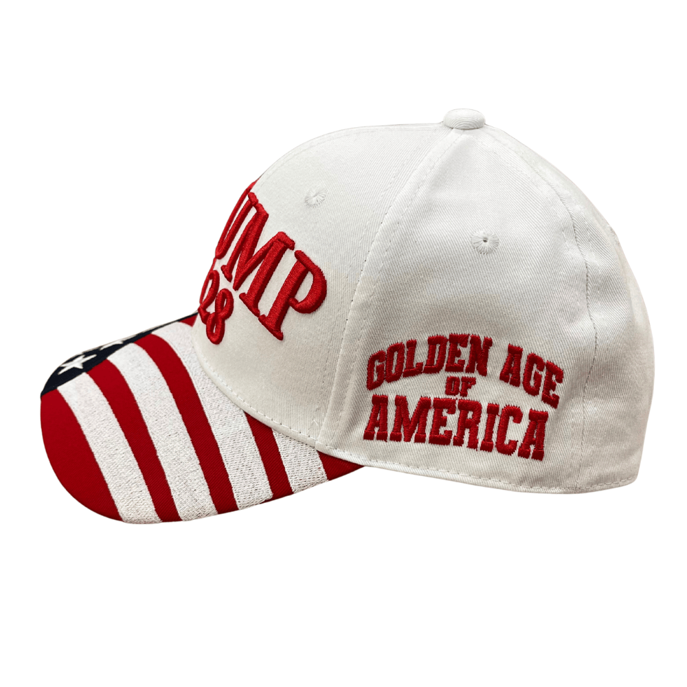 White Trump 2028 Patriotic Hat featuring raised red embroidery and U.S. flag, perfect for rallies or casual wear.