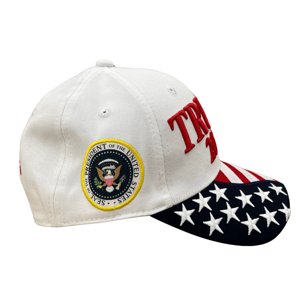White Trump 2028 Patriotic Hat featuring raised red embroidery and U.S. flag, perfect for rallies or casual wear.