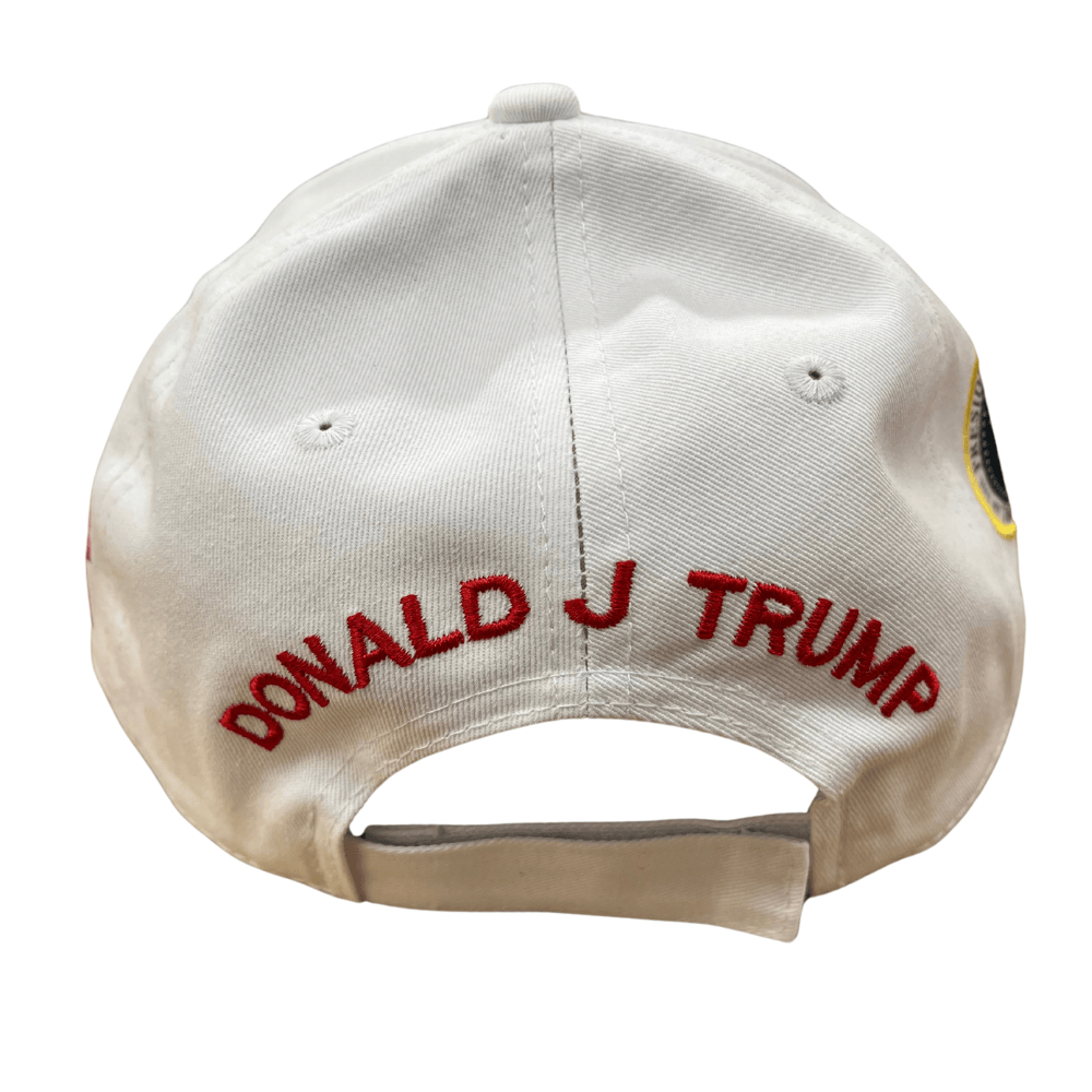 White Trump 2028 Patriotic Hat featuring raised red embroidery and U.S. flag, perfect for rallies or casual wear.