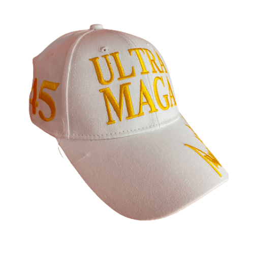 White Ultra MAGA hat featuring bold 'MAGA' embroidery and gold Donald Trump signature displayed against a neutral background.