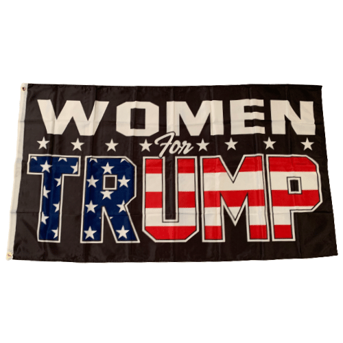 Women For Trump Patriotic 3x5 Flag in black with bold white text and patriotic colors displayed outdoors on a flagpole.