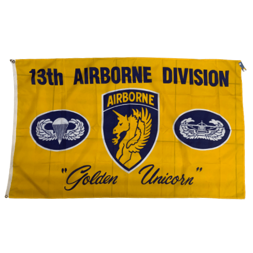13th Airborne Division 3x5 Flag featuring golden unicorns and emblem, displayed against a vivid yellow background in an outdoor setting.