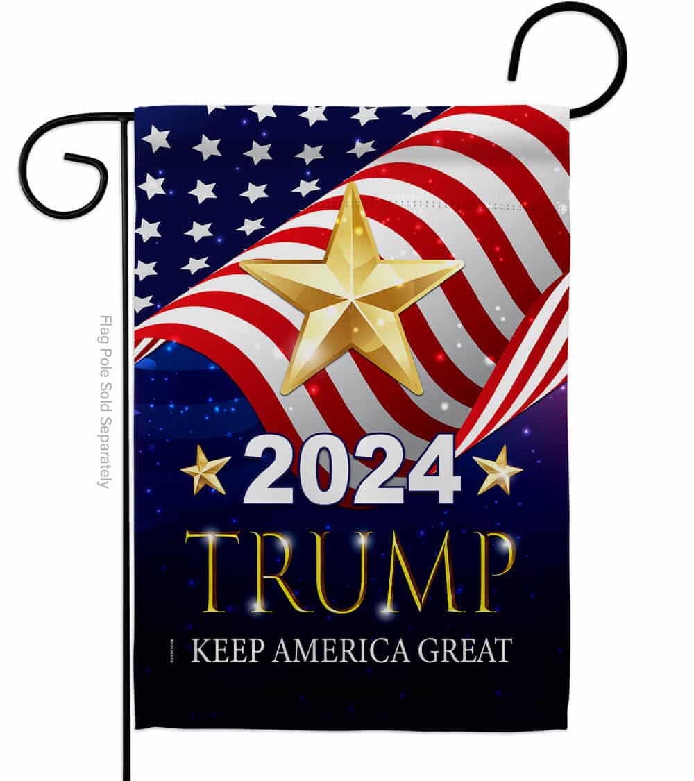 2024 Trump Keep America Great garden flag, double-sided with bold graphics, displayed on a garden pole in a vibrant outdoor setting.