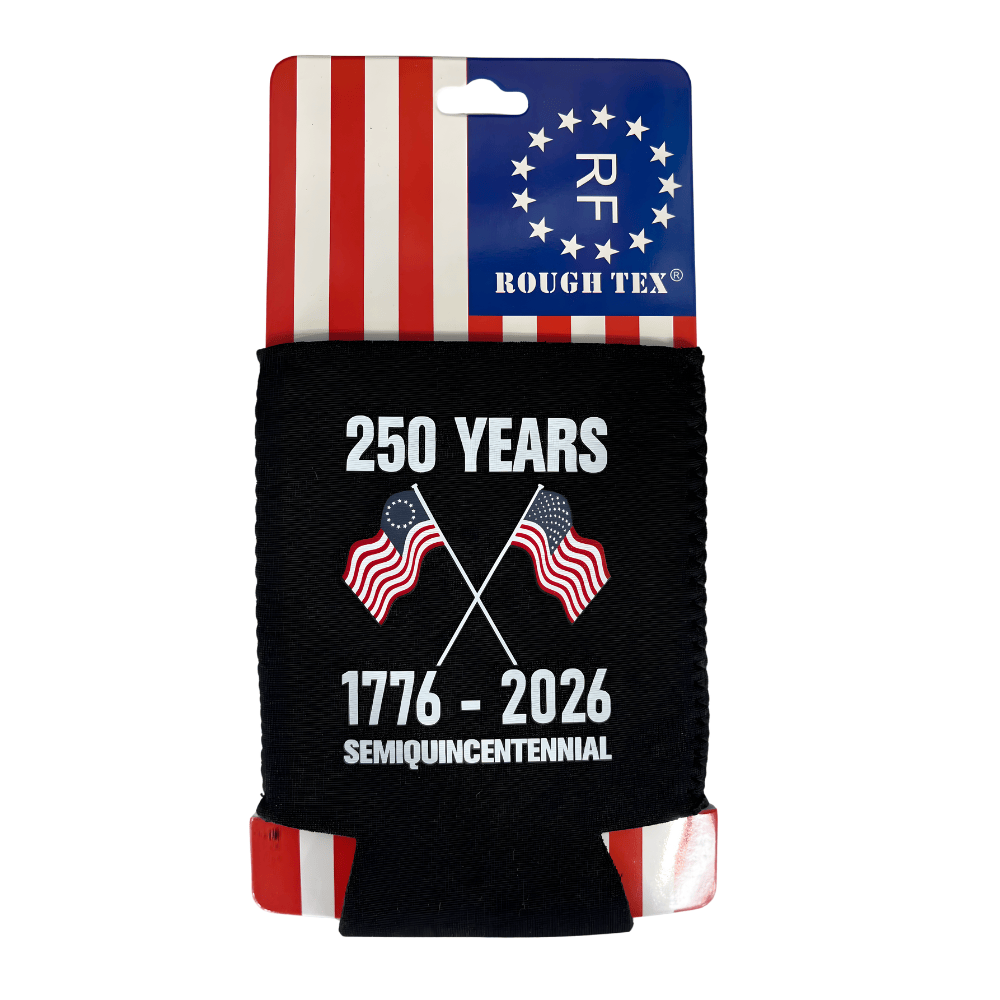 250 Years Semiquincentennial can cooler featuring '250 YEARS' and crossed historic-style flags, ideal for outdoor events and patriotic gatherings.