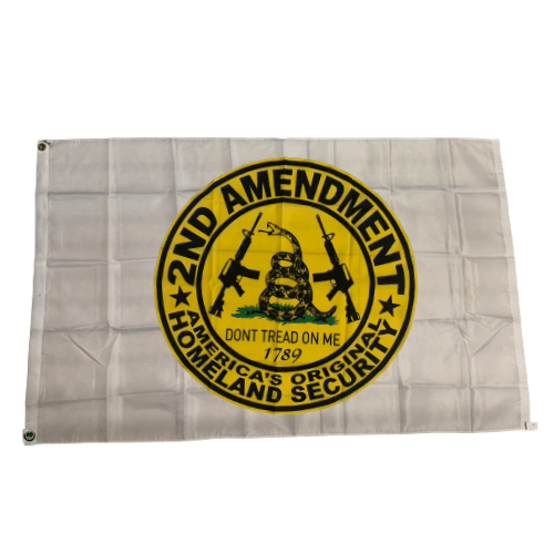 2nd Amendment America's Original Homeland Security 3x5 flag displayed outdoors, featuring bold printed message against a white background.