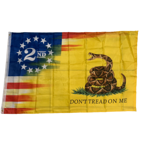 2nd Amendment Don't Tread On Me 3x5 flag with Gadsden snake and patriotic imagery, displayed on an outdoor flagpole against a clear sky.