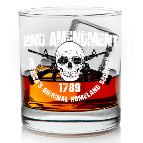 2nd Amendment Homeland Security Whiskey Glass with distressed skull and crossed rifles, showcasing patriotism and rugged design.