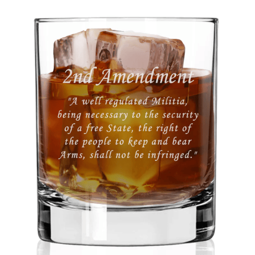 2nd Amendment Whiskey Glass laser-etched with the full text of the Second Amendment, showcasing an elegant design for enjoying whiskey.