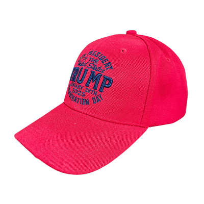 47th President Inauguration Day Red Hat with high-quality navy embroidery on a vibrant red base, showcasing patriotic spirit for events and rallies.