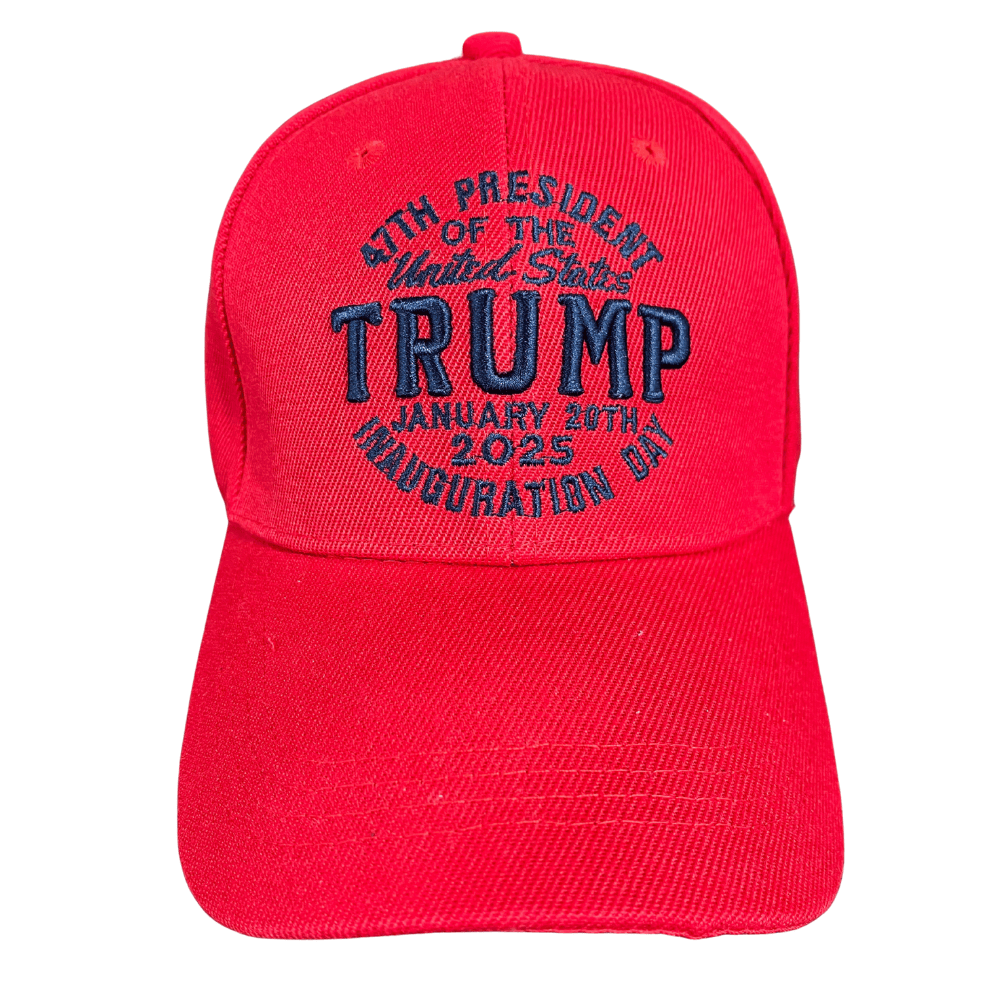 47th President Inauguration Day Red Hat with high-quality navy embroidery on a vibrant red base, showcasing patriotic spirit for events and rallies.
