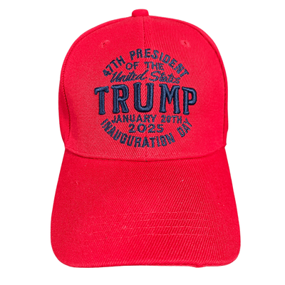 47th President Inauguration Day Red Hat with high-quality navy embroidery on a vibrant red base, showcasing patriotic spirit for events and rallies.
