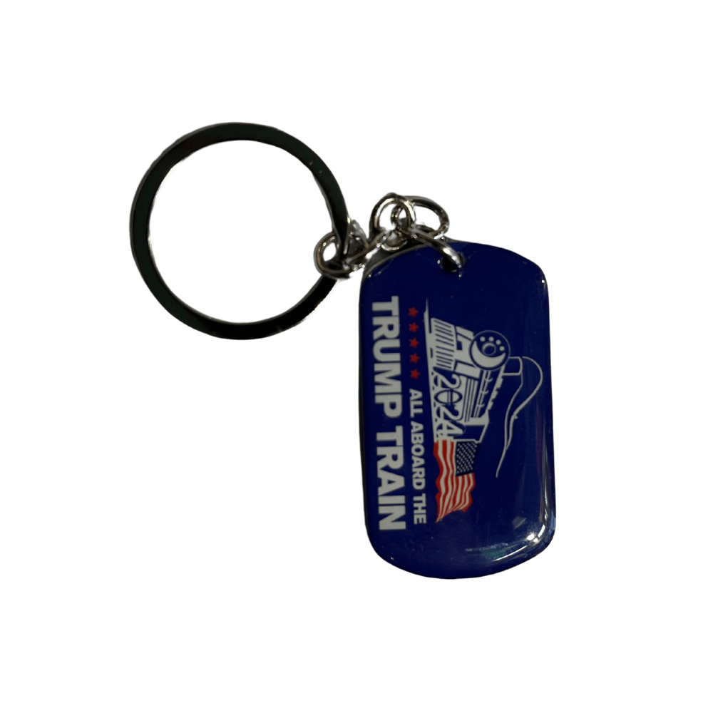 All Aboard the Trump Train keychain featuring a blue dog tag design with a patriotic train graphic and American flag, perfect for supporters.