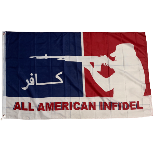 All American Infidel 3x5 flag featuring bold white lettering against American symbolism, displayed outdoors on a flagpole.