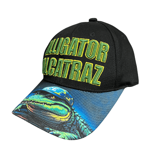 Alligator Alcatraz Black Hat featuring bold embroidered lettering and a fierce alligator artwork on the bill, displayed against a plain background.