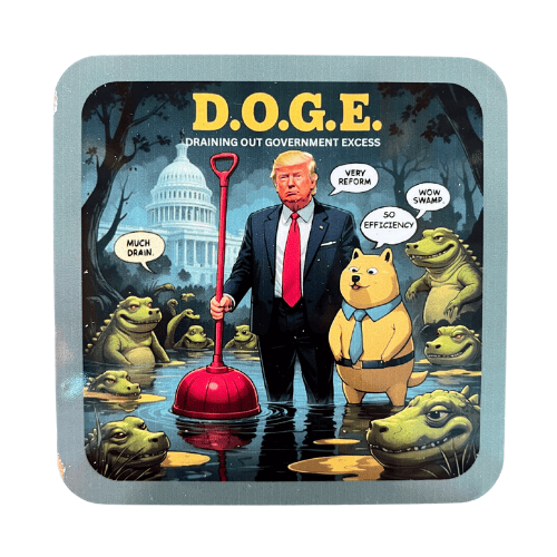 Alligator Alcatraz Trump Doge Coaster featuring Donald Trump in a swamp scene with Doge meme characters and U.S. Capitol backdrop.