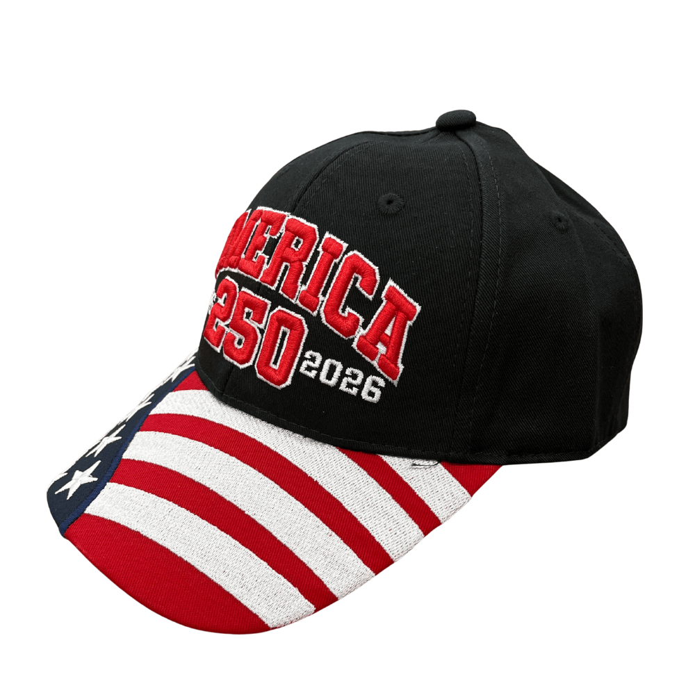 America 250th Anniversary Black Hat featuring raised embroidery with American flag design on the bill, perfect for patriotic events.