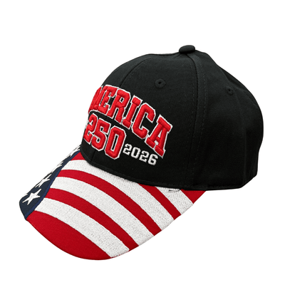 America 250th Anniversary Black Hat featuring raised embroidery with American flag design on the bill, perfect for patriotic events.