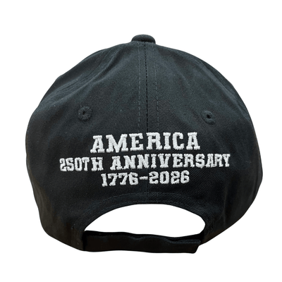 America 250th Anniversary Black Hat featuring raised embroidery with American flag design on the bill, perfect for patriotic events.