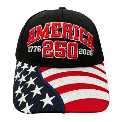 America 250th Anniversary Black Hat featuring raised embroidery with American flag design on the bill, perfect for patriotic events.