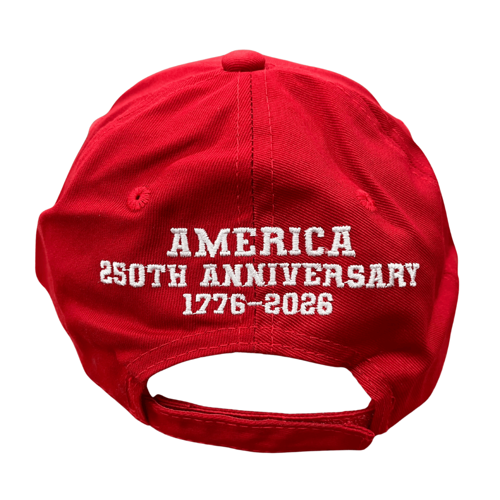 America 250th Anniversary Red Hat featuring bold 'AMERICA 250' embroidery and American flag design on bill, perfect for patriotic celebrations.