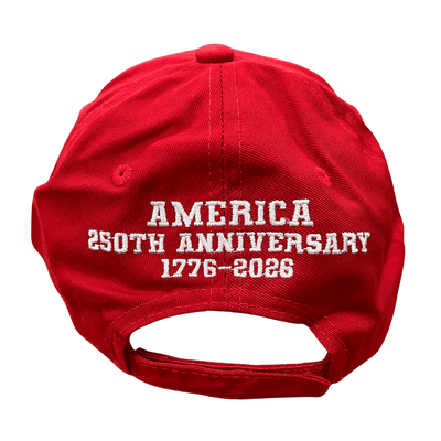 America 250th Anniversary Red Hat featuring bold 'AMERICA 250' embroidery and American flag design on bill, perfect for patriotic celebrations.