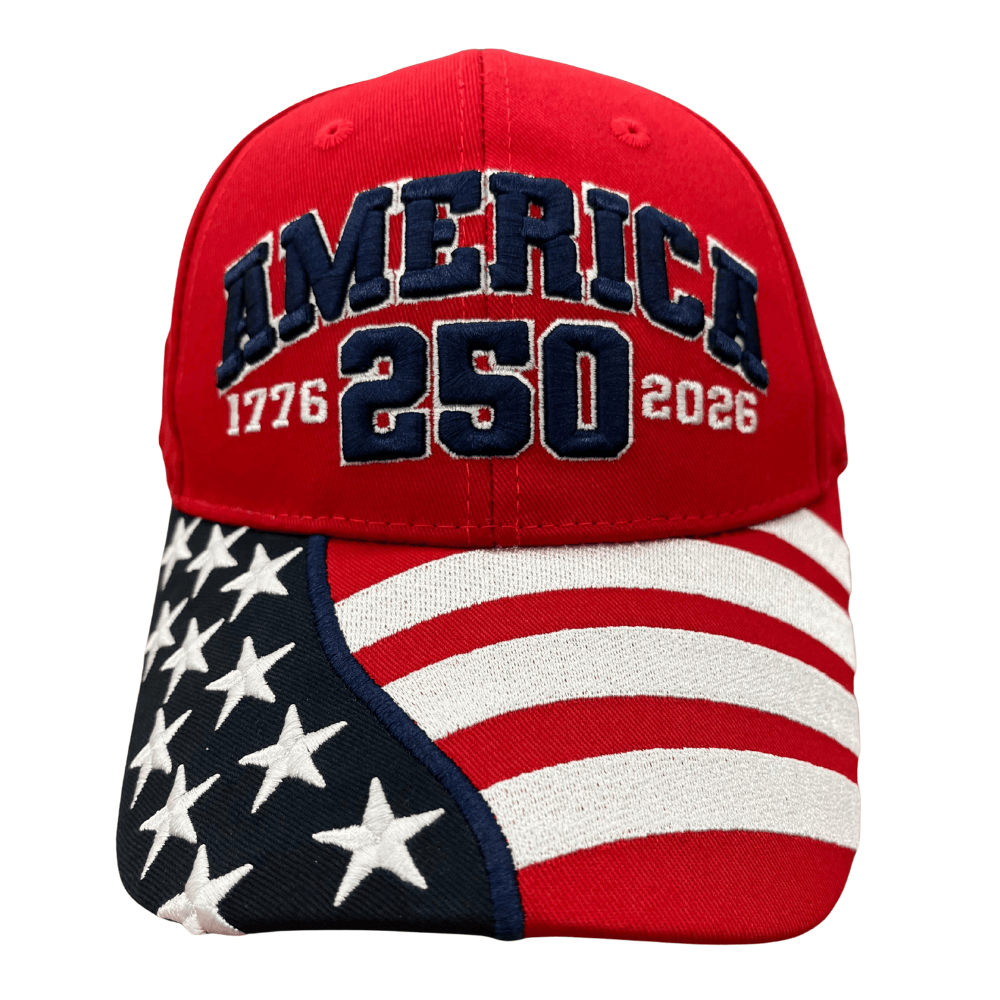 America 250th Anniversary Red Hat featuring bold 'AMERICA 250' embroidery and American flag design on bill, perfect for patriotic celebrations.