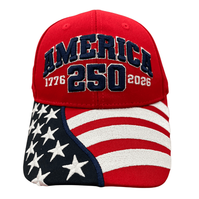 America 250th Anniversary Red Hat featuring bold 'AMERICA 250' embroidery and American flag design on bill, perfect for patriotic celebrations.