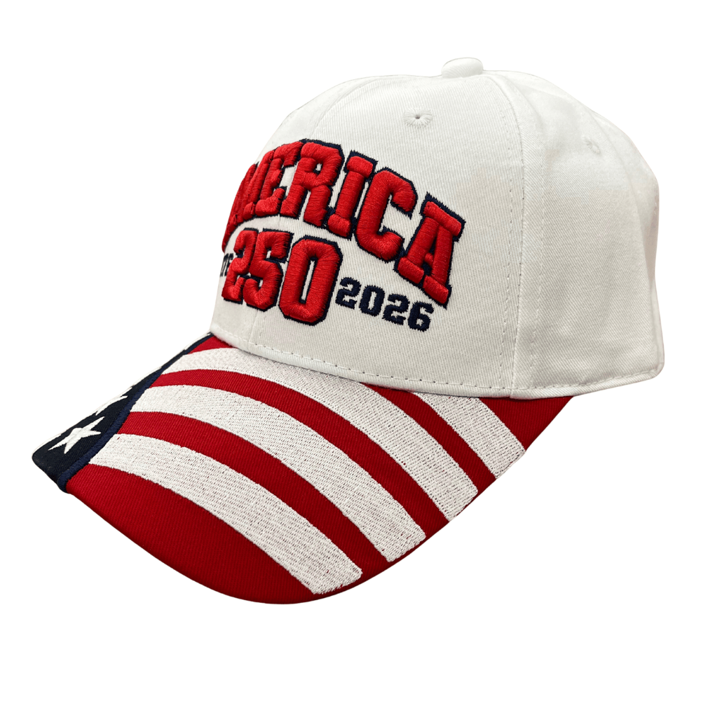 America 250th Anniversary White Hat with red and navy embroidery celebrating 250 years of U.S. history, featuring an American flag across the brim.