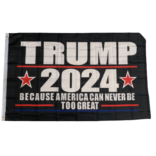 America Can Never Be Too Great Trump 2024 3x5 flag with bold colors displayed on a flagpole, showcasing the slogan prominently in an outdoor setting.