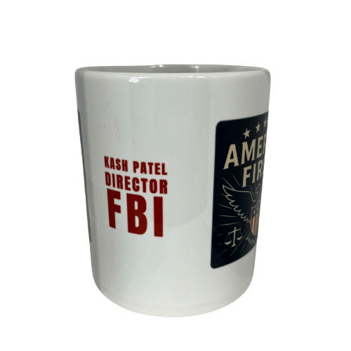 America First Kash Patel FBI ceramic mug featuring white lettering and a patriotic eagle design against a dark background, perfect for coffee lovers.