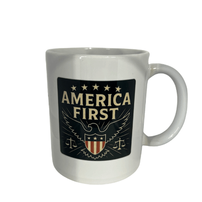 America First Kash Patel FBI ceramic mug featuring white lettering and a patriotic eagle design against a dark background, perfect for coffee lovers.