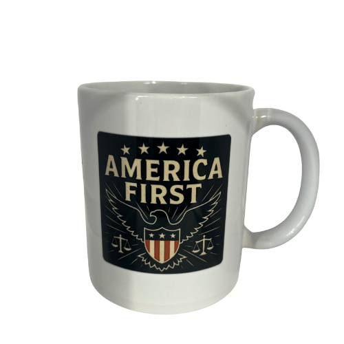 America First Kash Patel FBI ceramic mug featuring white lettering and a patriotic eagle design against a dark background, perfect for coffee lovers.